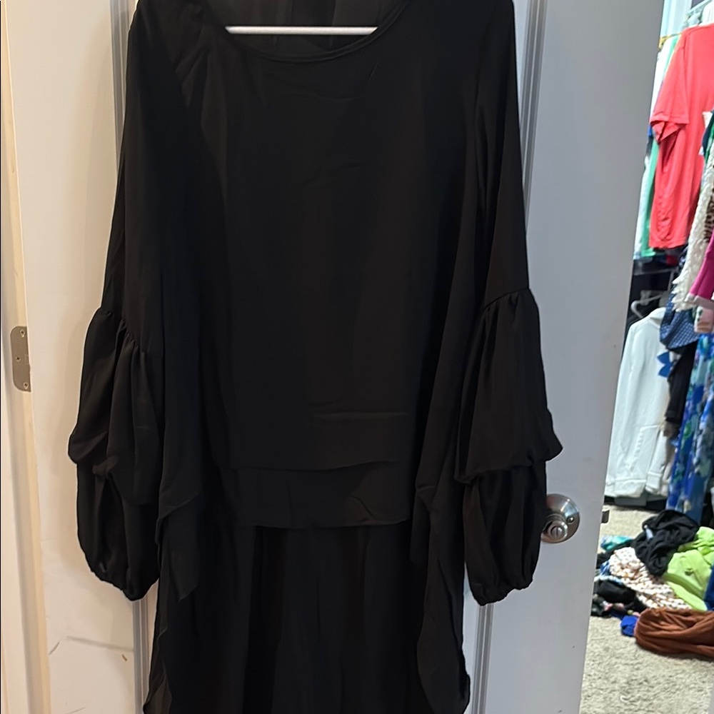 Black Hi Low Bishop Sleeve Cocktail Blouse